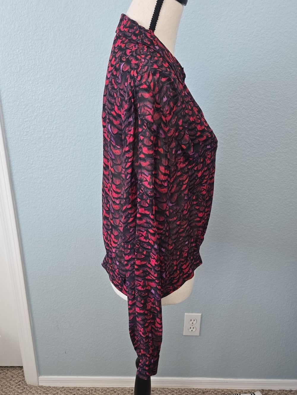 All Saints Adeliza Plume Blouse Jewel Tone Semi Sheer Feather Printed Sz Medium - Picture 12 of 16